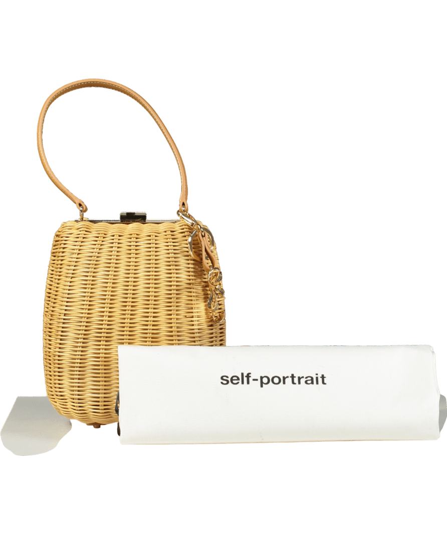 Self - Portrait Beige Rattan Bag With Crystal Bow Keychain - Reliked
