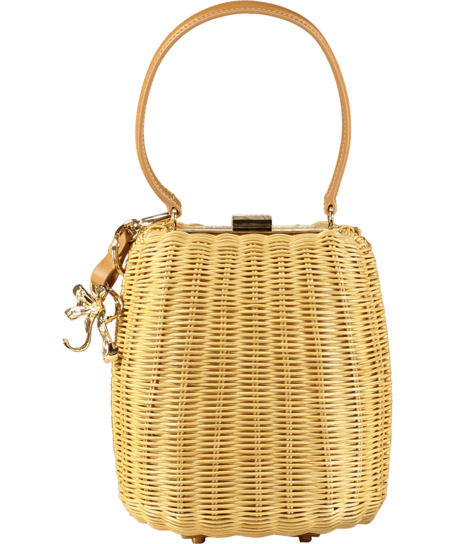 Self - Portrait Beige Rattan Bag With Crystal Bow Keychain - Reliked
