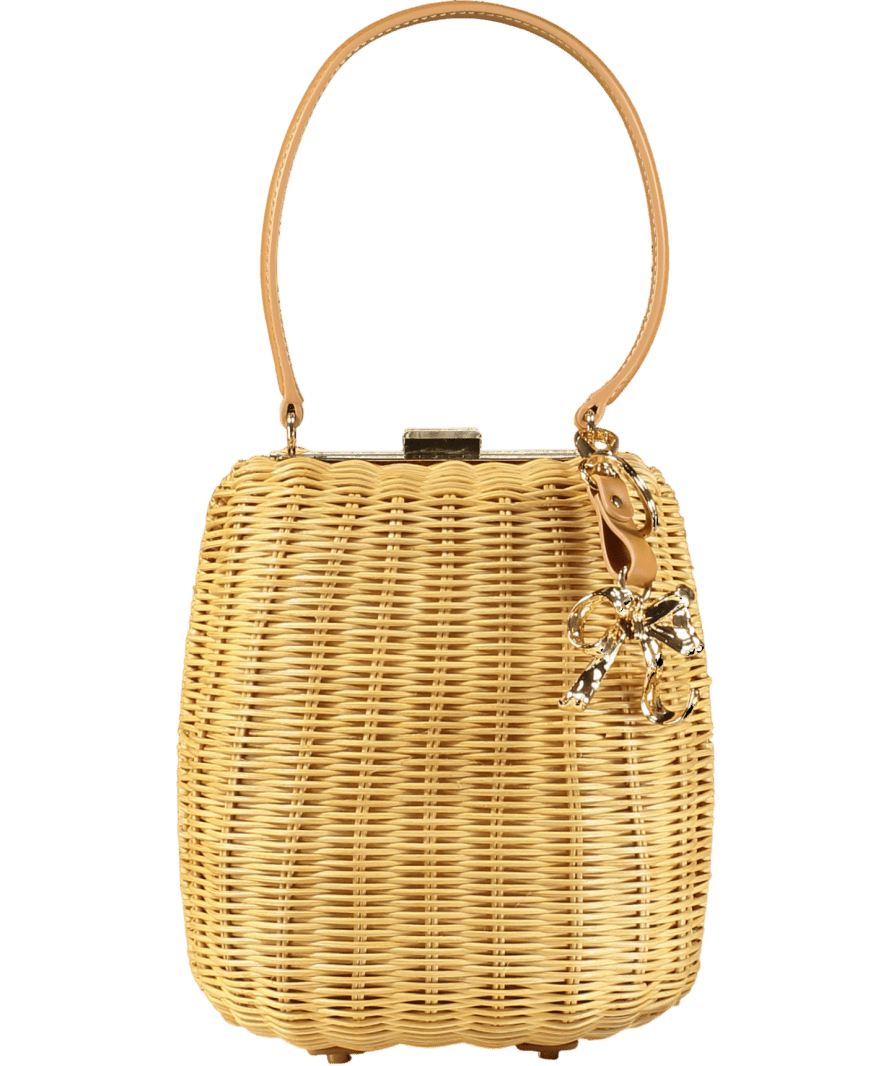 Self - Portrait Beige Rattan Bag With Crystal Bow Keychain - Reliked