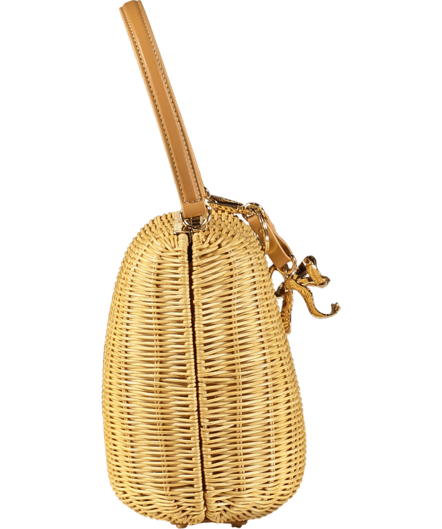 Self - Portrait Beige Rattan Bag With Crystal Bow Keychain - Reliked