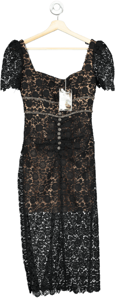 Self Portrait Black Guipure Lace Fitted Midi Dress with Diamante details UK 4 - Reliked