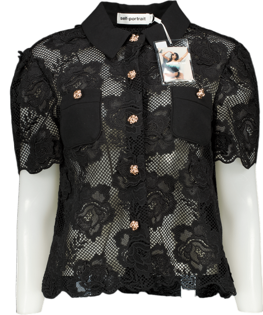Self - Portrait Black Lace Shirt With Crystal Buttons UK 12 - Reliked