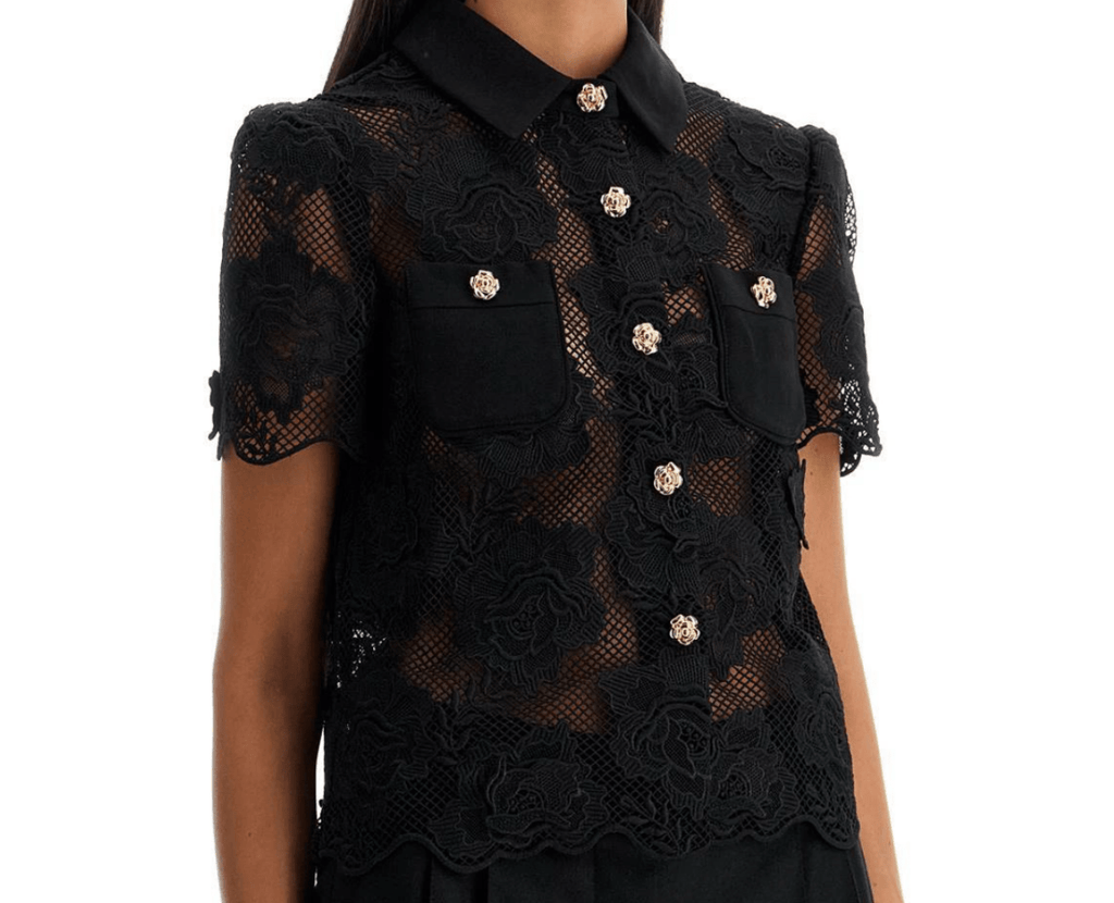Self - Portrait Black Lace Shirt With Crystal Buttons UK 16 - Reliked