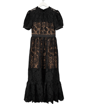 Self Portrait Black Puff-sleeved Guipure lace Dress UK 10