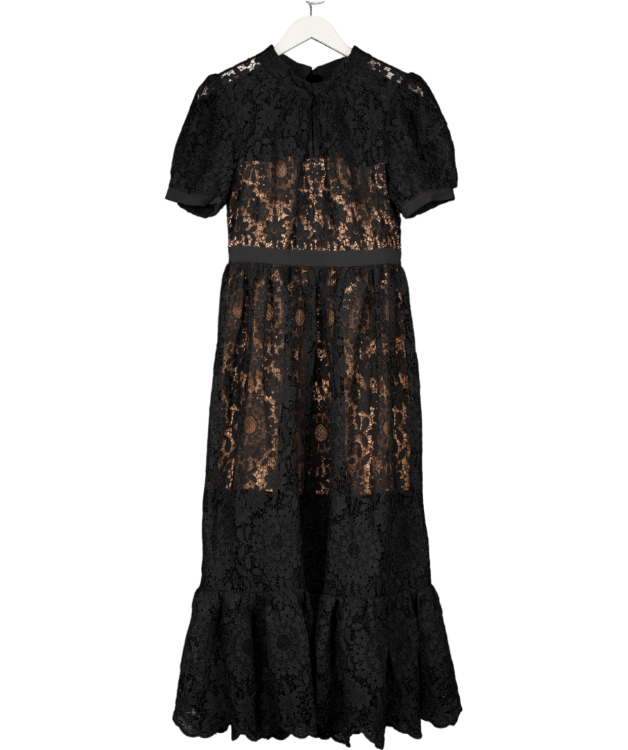 Self - Portrait Black Puff - sleeved Guipure lace Dress UK 10 - Reliked