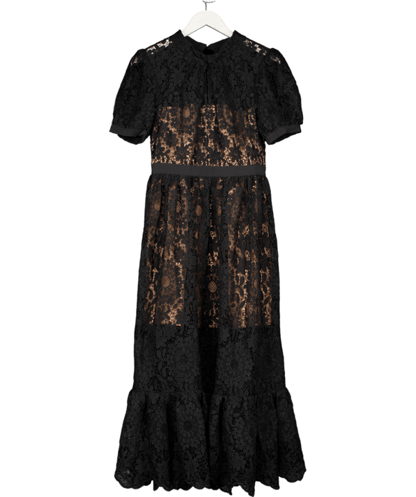 Self Portrait Black Puff-sleeved Guipure lace Dress UK 10
