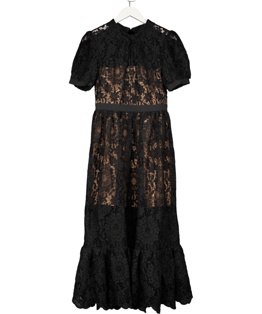 Self-Portrait Black Puff-sleeved Guipure lace Dress UK 10