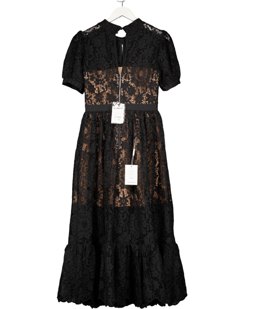Self - Portrait Black Puff - sleeved Guipure lace Dress UK 10 - Reliked