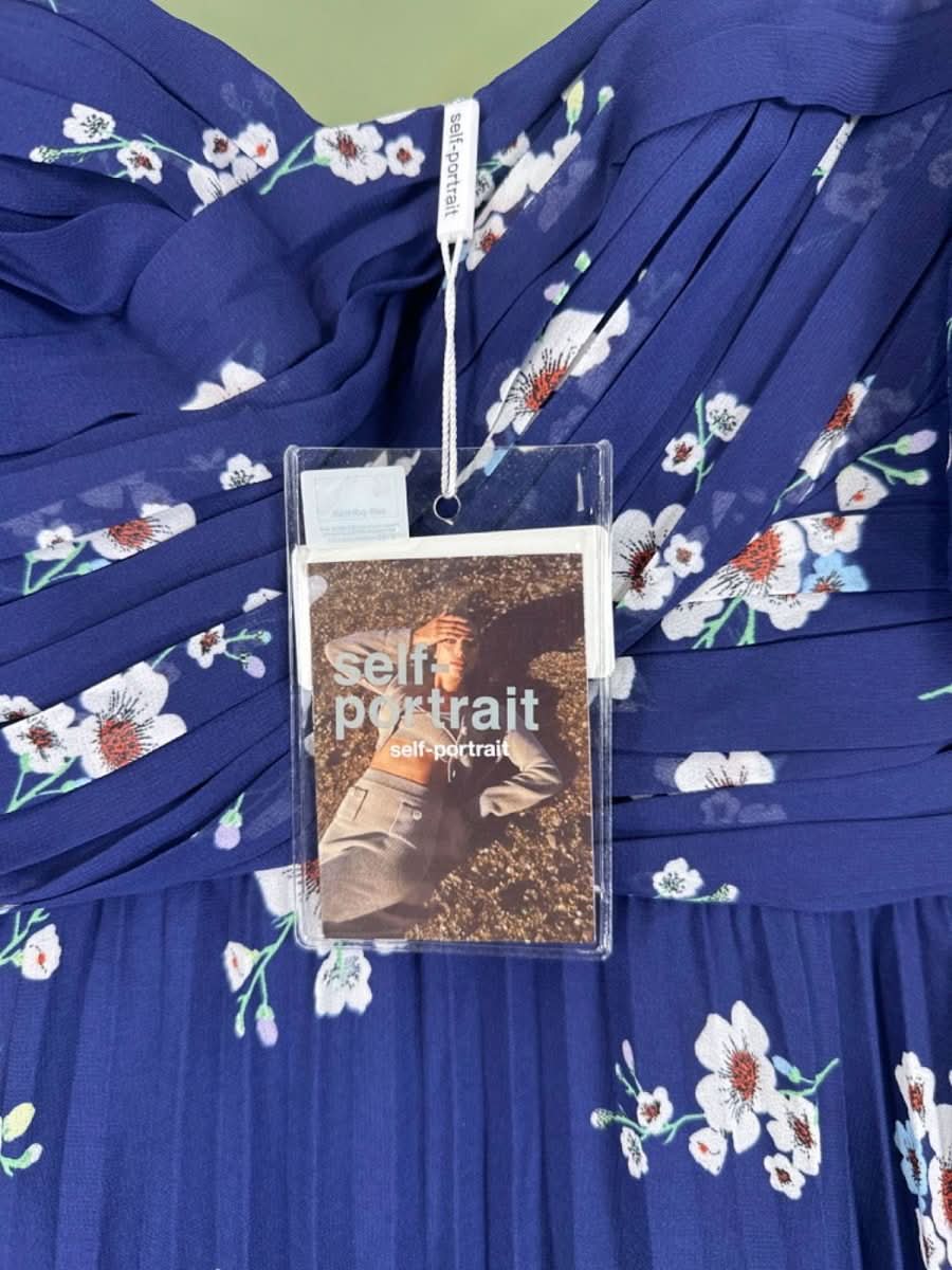 Self - Portrait Blue Pansy Print Pleated Chiffon Maxi Dress UK 8 - Reliked