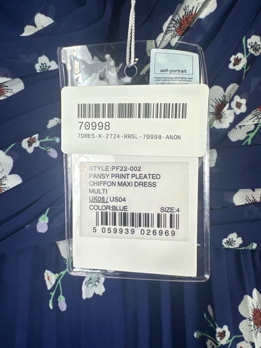 Self - Portrait Blue Pansy Print Pleated Chiffon Maxi Dress UK 8 - Reliked