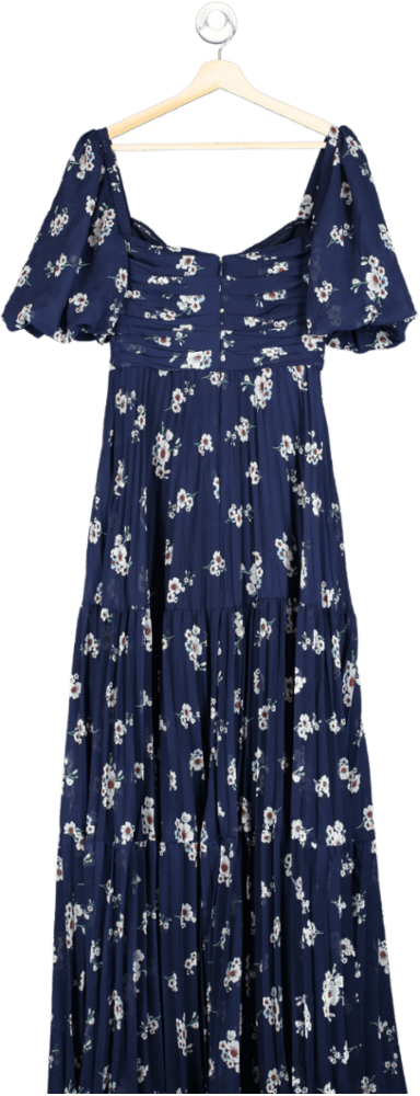 Self - Portrait Blue Pansy Print Pleated Chiffon Maxi Dress UK 8 - Reliked