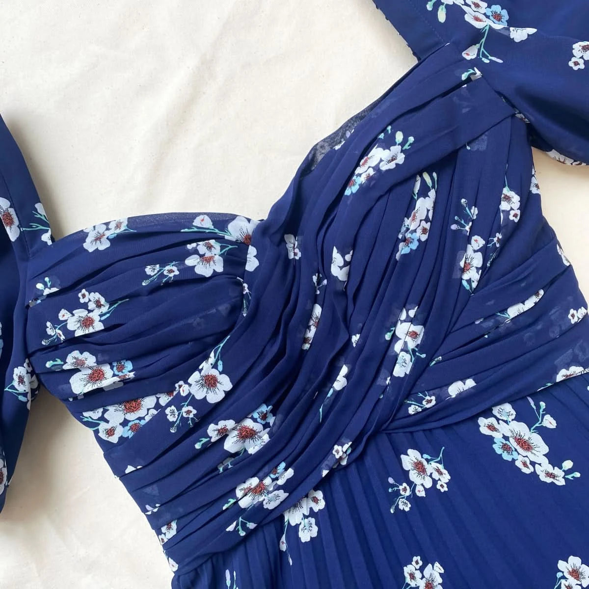 Self - Portrait Blue Pansy Print Pleated Chiffon Maxi Dress UK 8 - Reliked