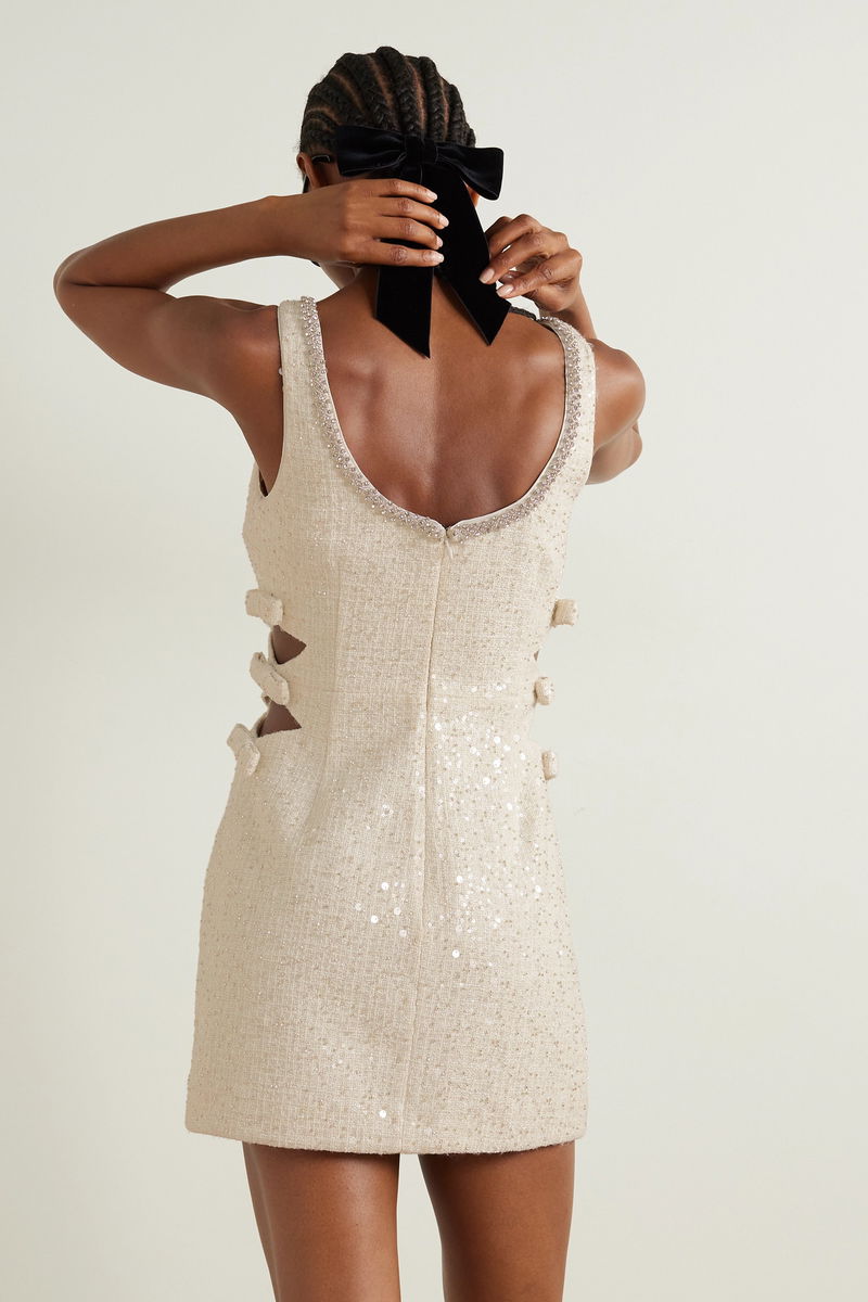 Self-Portrait Cream Boucle Embellished Neck Cut Out Mini Dress UK 4
