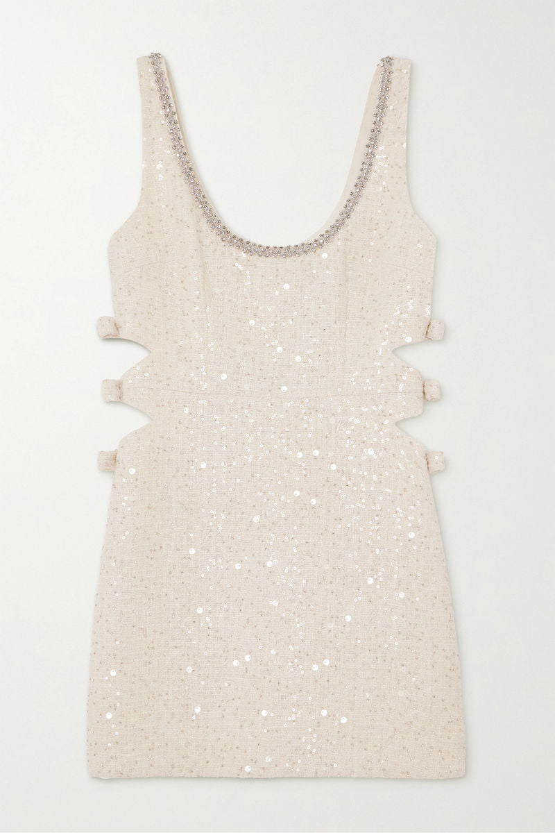 Self-Portrait Cream Boucle Embellished Neck Cut Out Mini Dress UK 4