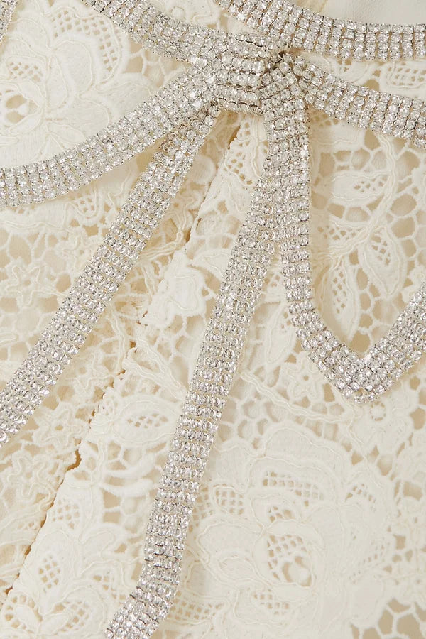 SELF PORTRAIT Cream Embellished Corded Guipure Lace Mini Dress UK 10