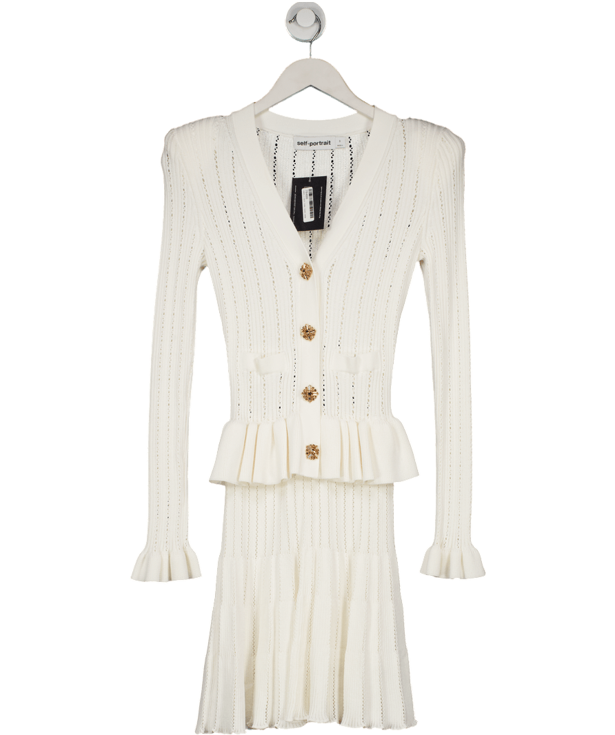 Self - Portrait Ivory White Knit Peplum Midi Dress UK S - Reliked