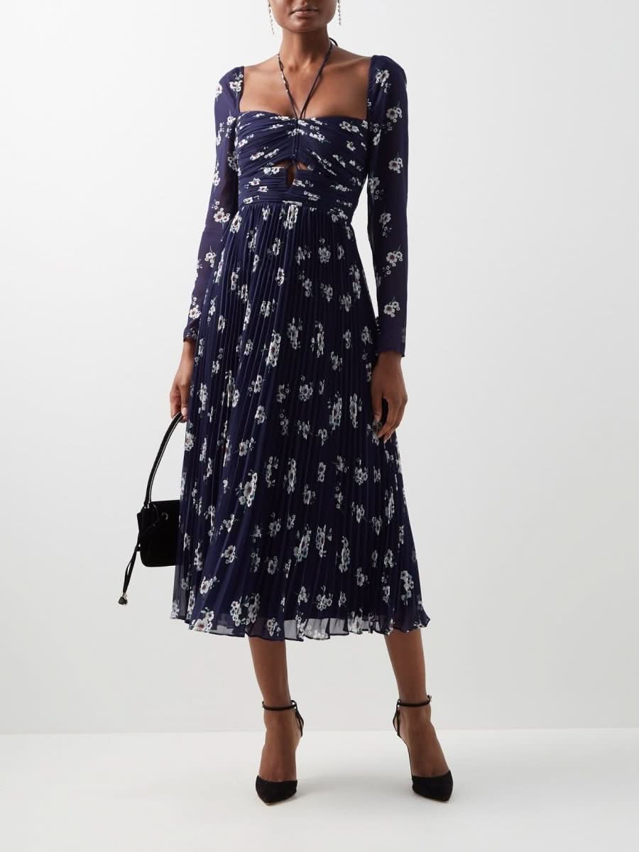 Self - Portrait Pansy - Print Pleated - Chiffon Maxi Dress UK 10 - Reliked