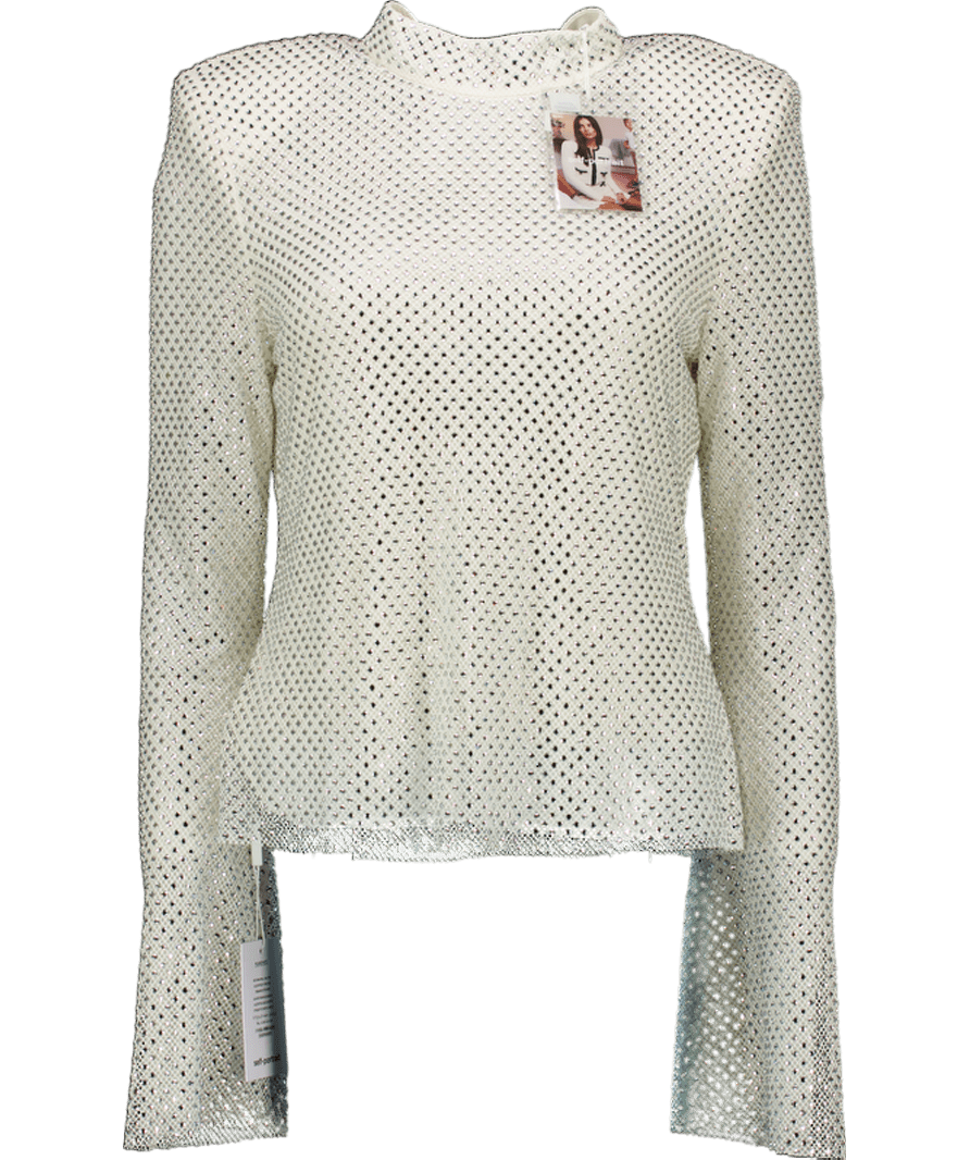 Self - Portrait White / Silver Crystal Embellished Long Sleeve Top UK 8 - Reliked