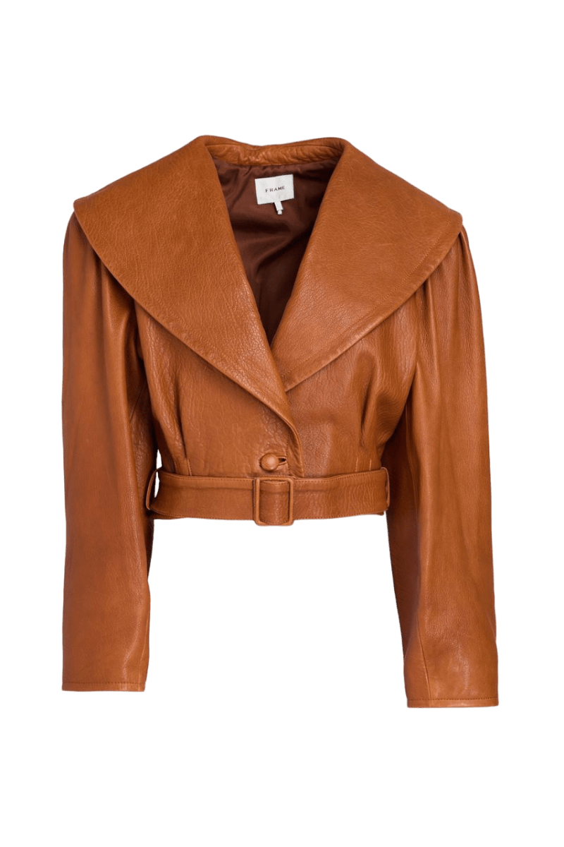 SEND BACK!! FRAME Camel Cropped Belted Leather Jacket W23 UK S - Reliked