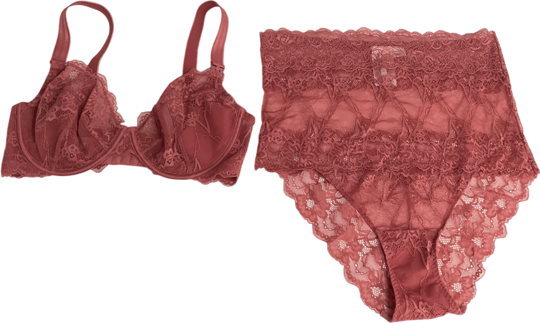 Seraphine Pink Lace Plunge Maternity Bra And Underwear Set UK M - Reliked