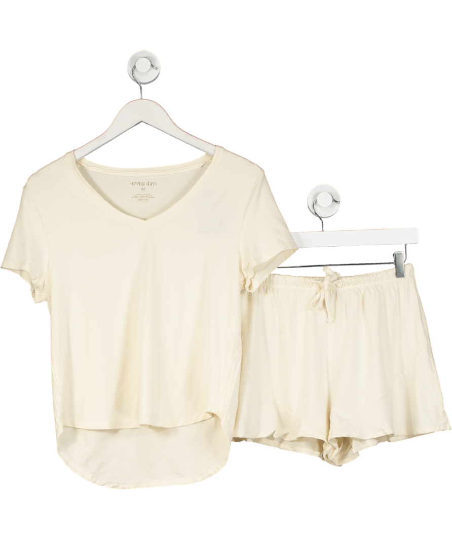 Serena days Cream V - neck T-shirt And Ruffle Drawstring Shorts set UK XS - Reliked