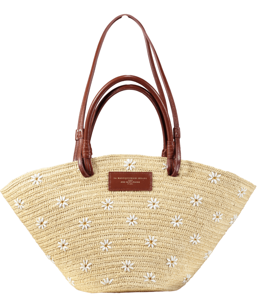 Sezane Beige Justine Basket Bag Embroidered Flowers One Size - Reliked