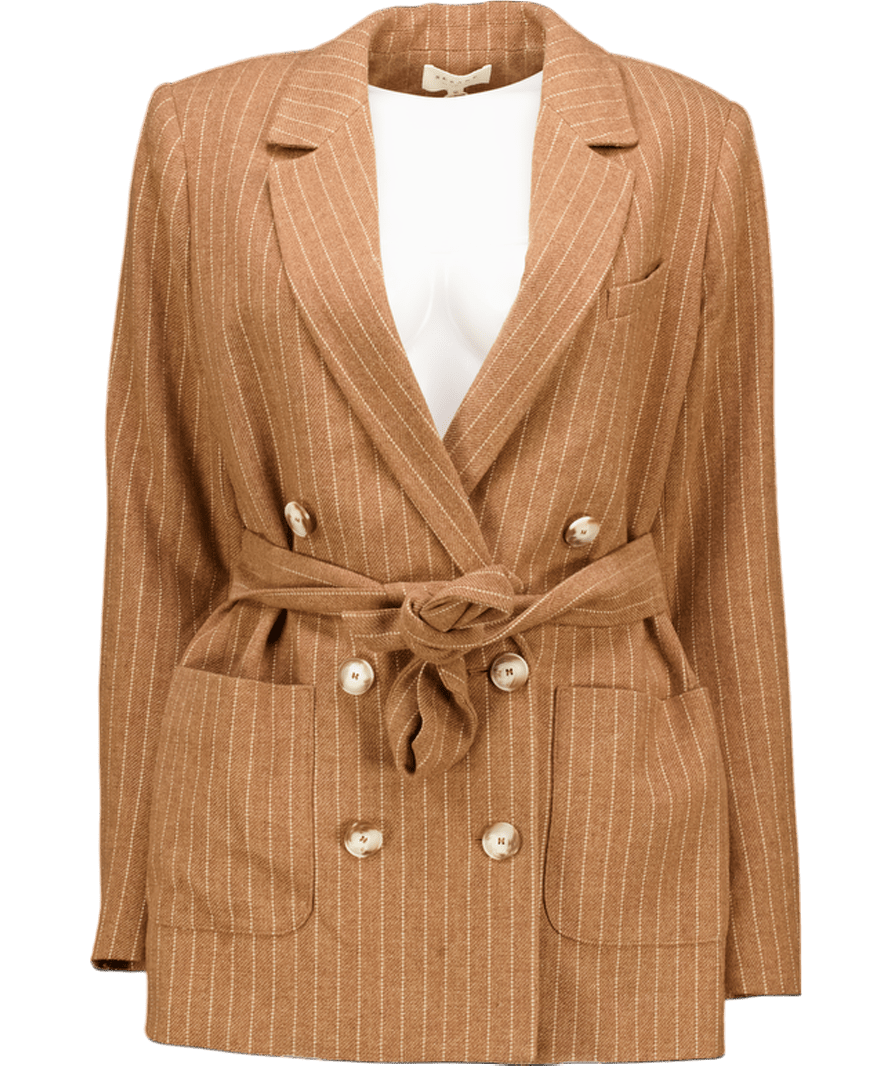 Sezane Beryn Wool Blend Blazer With Belt Ecru / Brown Stripes Fr38 UK 10 - Reliked