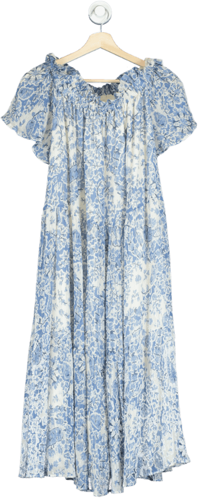 Sezane Blue & White Print Off The Shoulder Midi Dress Fr 36 UK 8 - Reliked