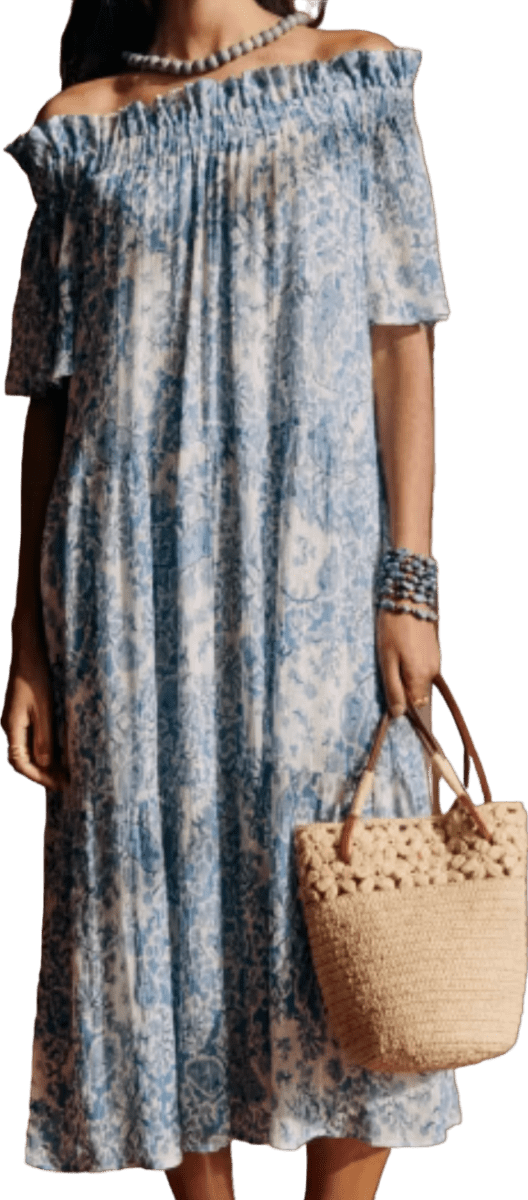 Sezane Blue & White Print Off The Shoulder Midi Dress Fr 36 UK 8 - Reliked