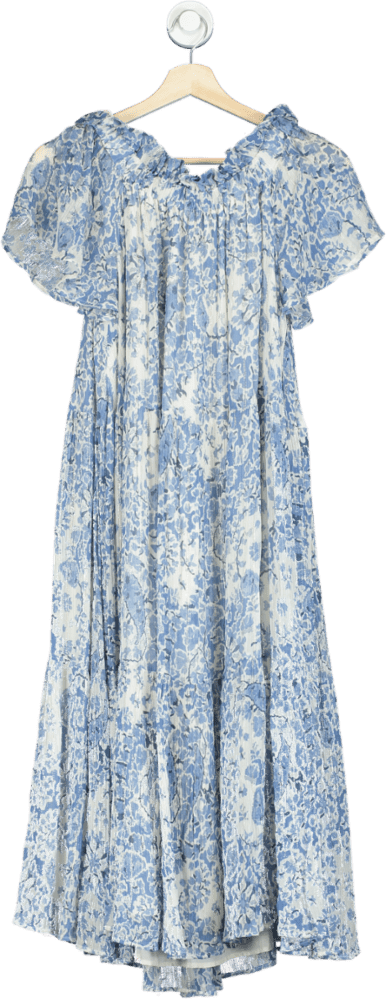 Sezane Blue & White Print Off The Shoulder Midi Dress Fr 36 UK 8 - Reliked