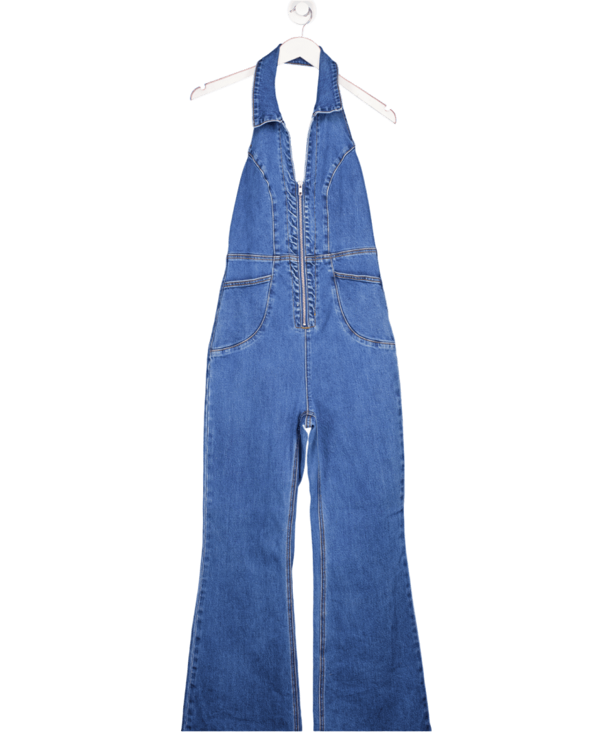 Showpo Casidy Jumpsuit - Zip Front Collared Halter Neck Denim In Mid Blue Wash UK 8 - Reliked