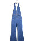 Showpo Casidy Jumpsuit - Zip Front Collared Halter Neck Denim In Mid Blue Wash UK 8 - Reliked