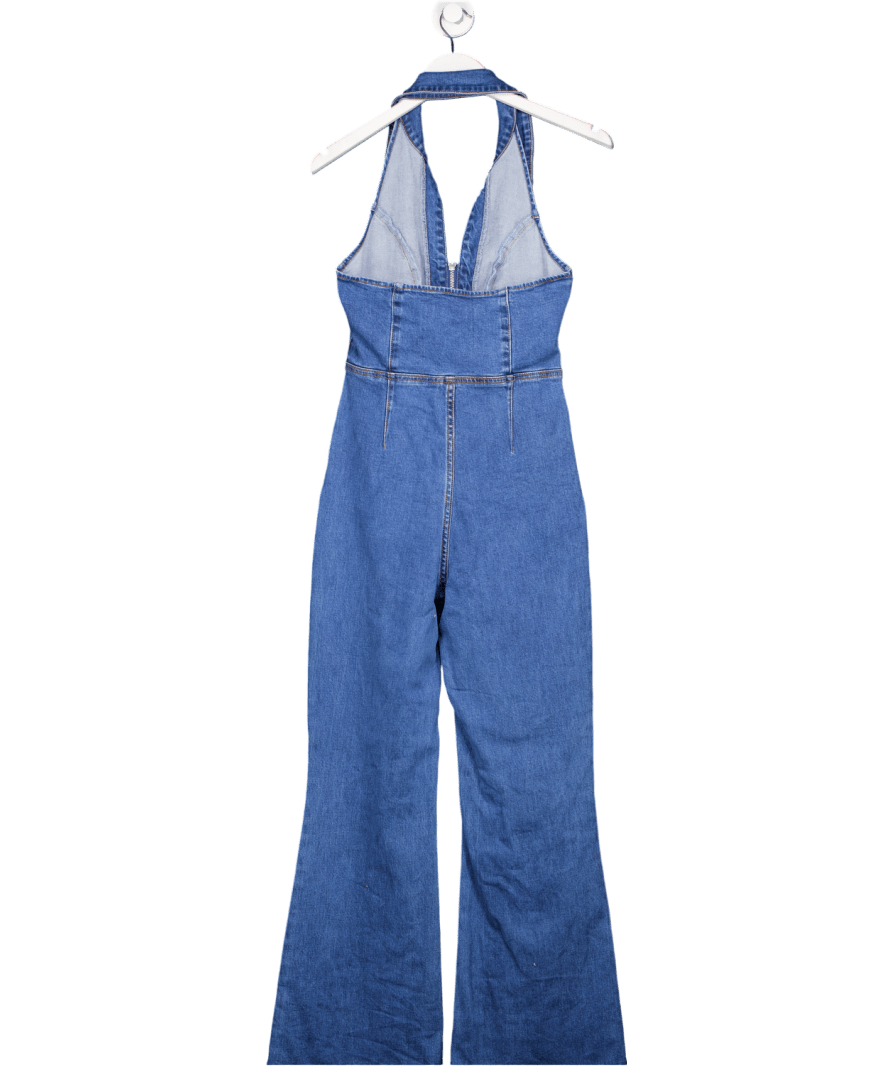 Showpo Casidy Jumpsuit - Zip Front Collared Halter Neck Denim In Mid Blue Wash UK 8 - Reliked