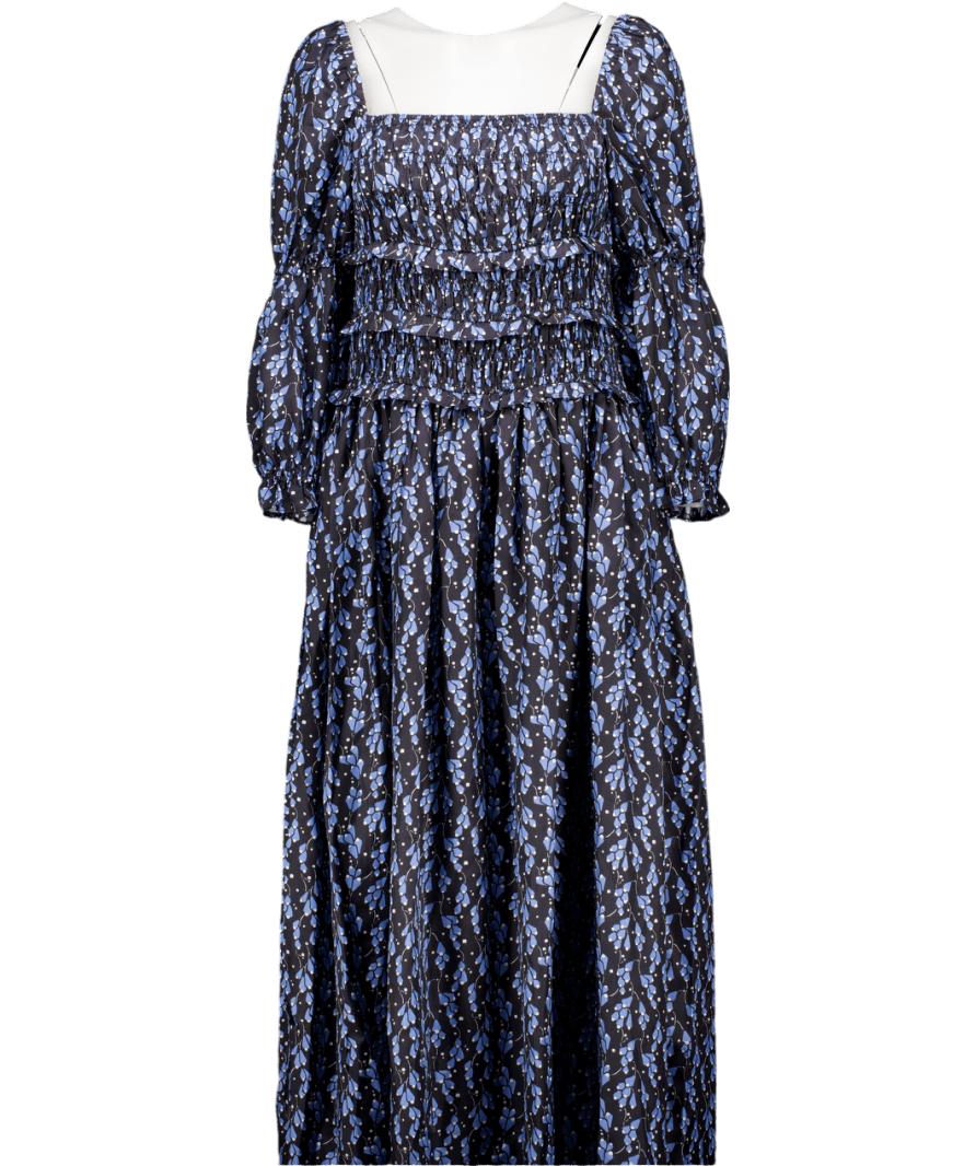 Shrimps Black / Blue Harper Shirred Floral - print Silk - twill Maxi Dress UK 10 - Reliked