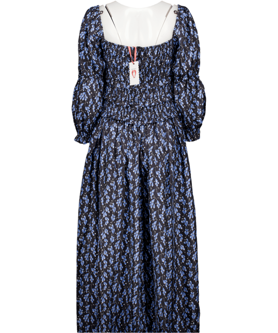 Shrimps Black / Blue Harper Shirred Floral - print Silk - twill Maxi Dress UK 10 - Reliked