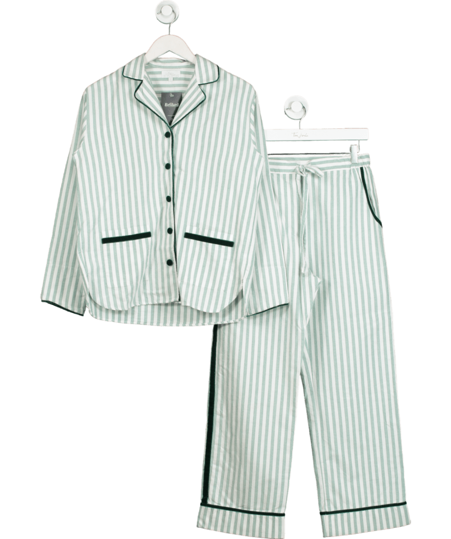 Sian Esther Green Stripe Brushed Cotton Velvet Pyjamas UK XS - Reliked