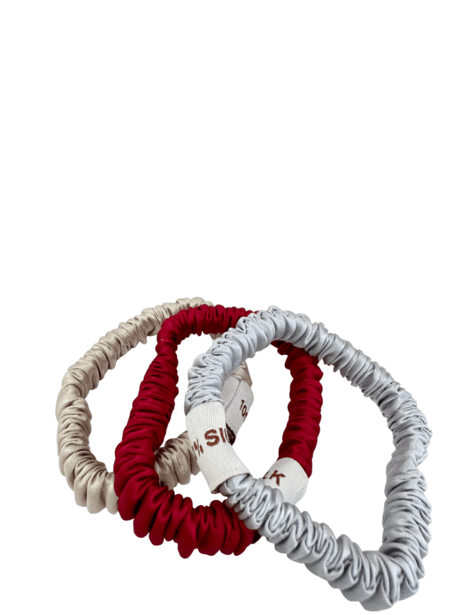 SILK. Set Of 3 100% Mulberry Silk Festive Scrunchies - red/silver/champagne - Reliked