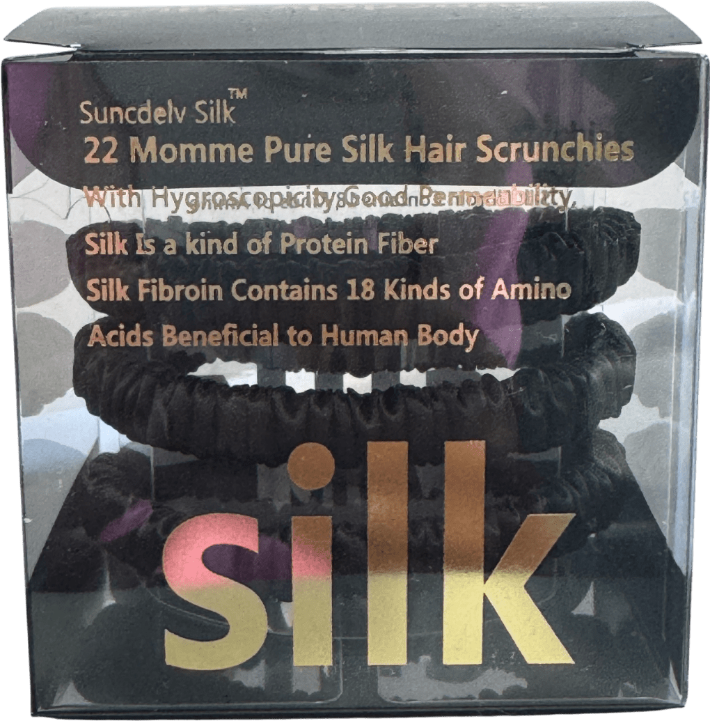 Silk. Set Of 3 100% Mulberry Silk Hair Scrunchies - Black - Reliked