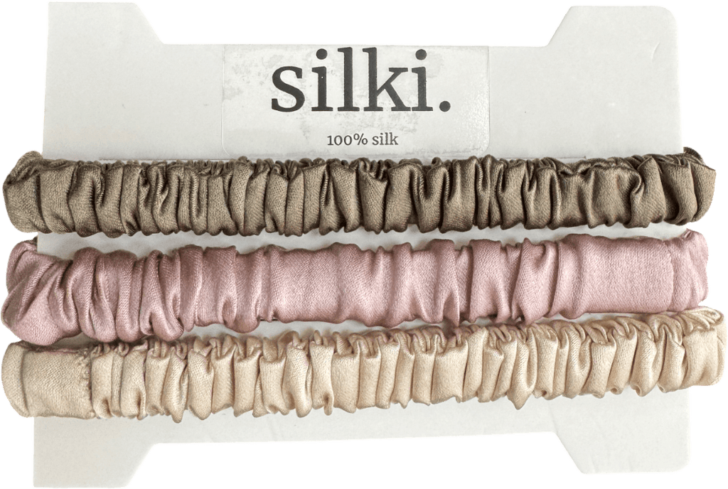 SILKI. Multicoloured Set Of 3 100% Mulberry Silk Hair Scrunchies - taupe/cream/dusty pink - Reliked