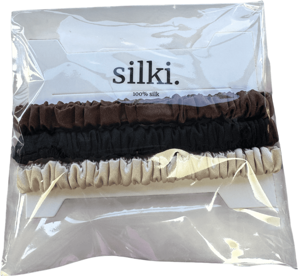 SILKI. Set Of 3 Luxury 100% Mulberry Silk Hair Scrunchies - Black/chocolate/cream - Reliked