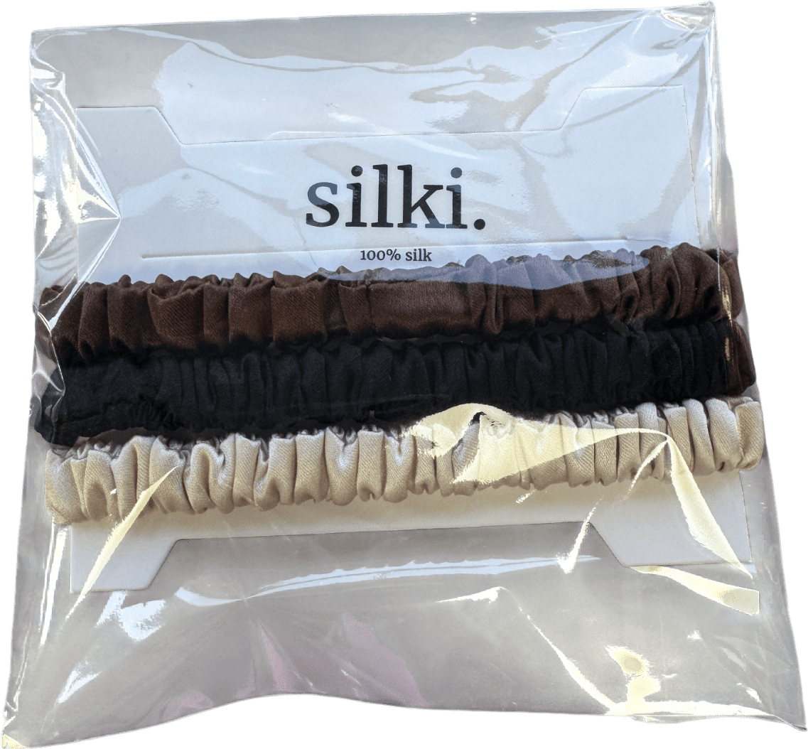 SILKI. Set Of 3 Luxury 100% Mulberry Silk Hair Scrunchies - Black/chocolate/cream - Reliked