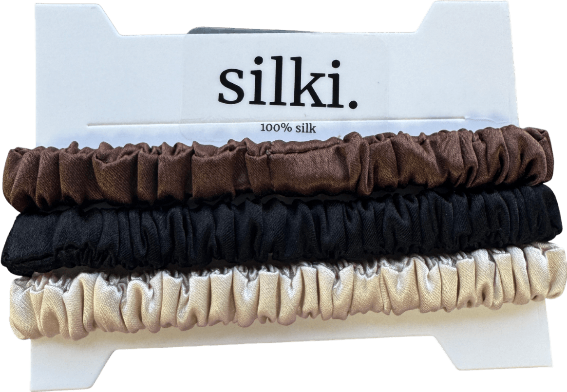 SILKI. Set Of 3 Luxury 100% Mulberry Silk Hair Scrunchies - Black/chocolate/cream - Reliked