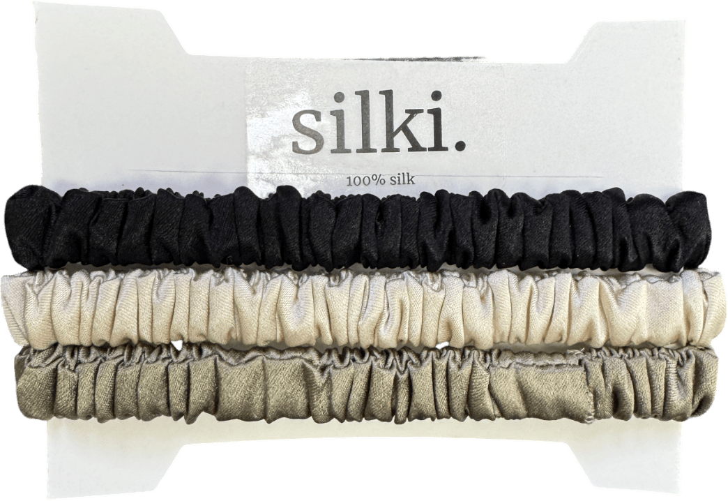 SILKI. Set Of 3 Luxury 100% Mulberry Silk Hair Scrunchies - Black/Cream/Olive - Reliked