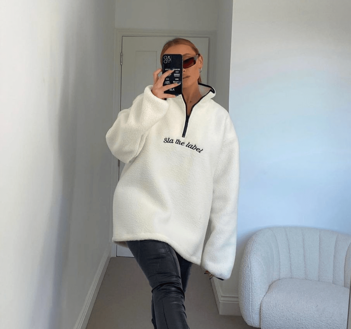 SLA the label Cream Quarter Zip Embroidered Logo Teddy Fleece UK S - Reliked