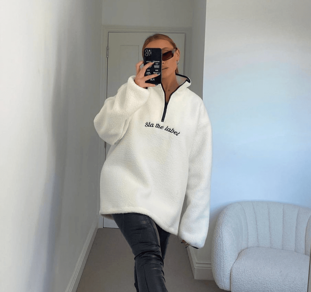 SLA the label Cream Quarter Zip Embroidered Logo Teddy Fleece UK S - Reliked
