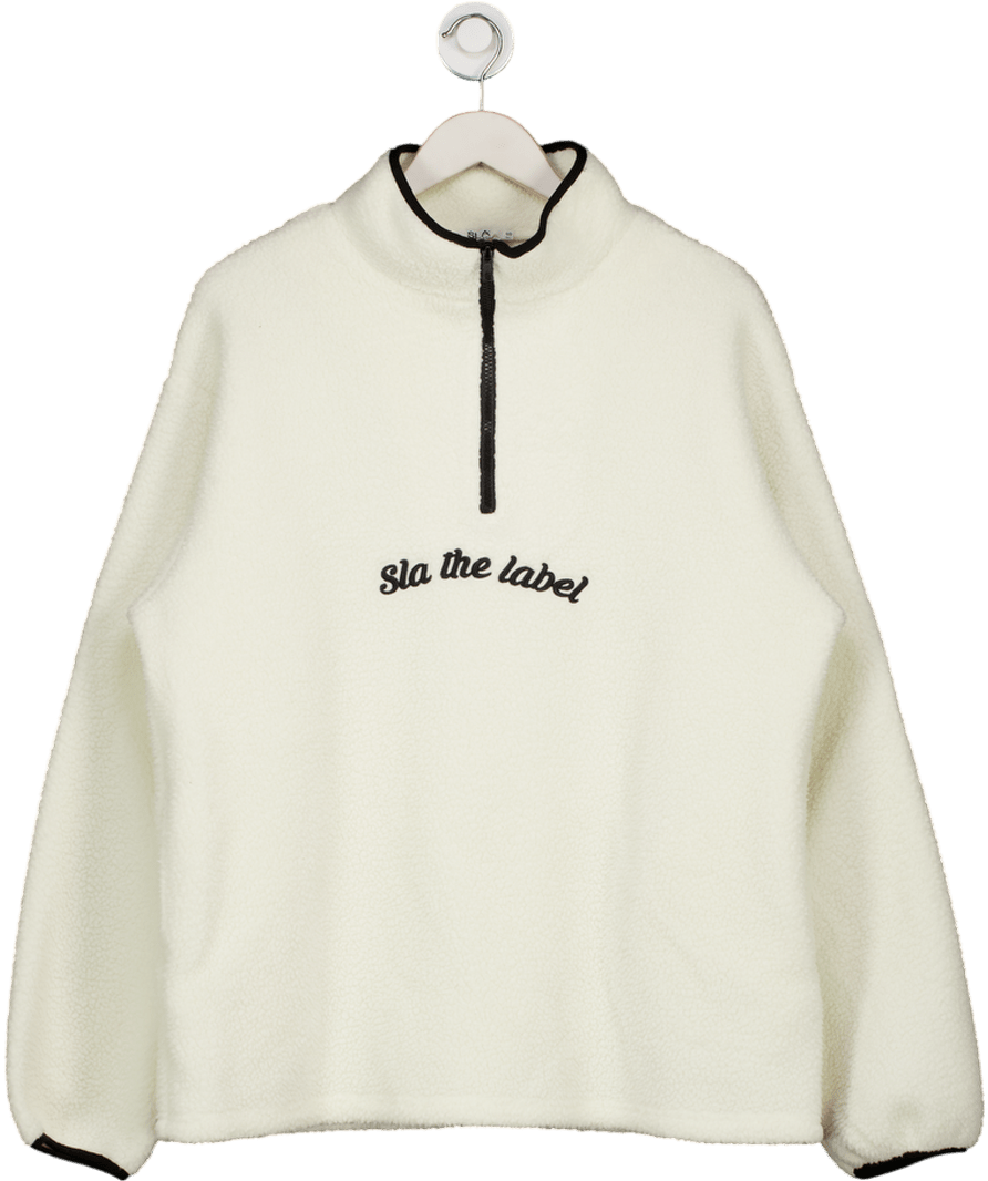 SLA the label Cream Quarter Zip Embroidered Logo Teddy Fleece UK S - Reliked
