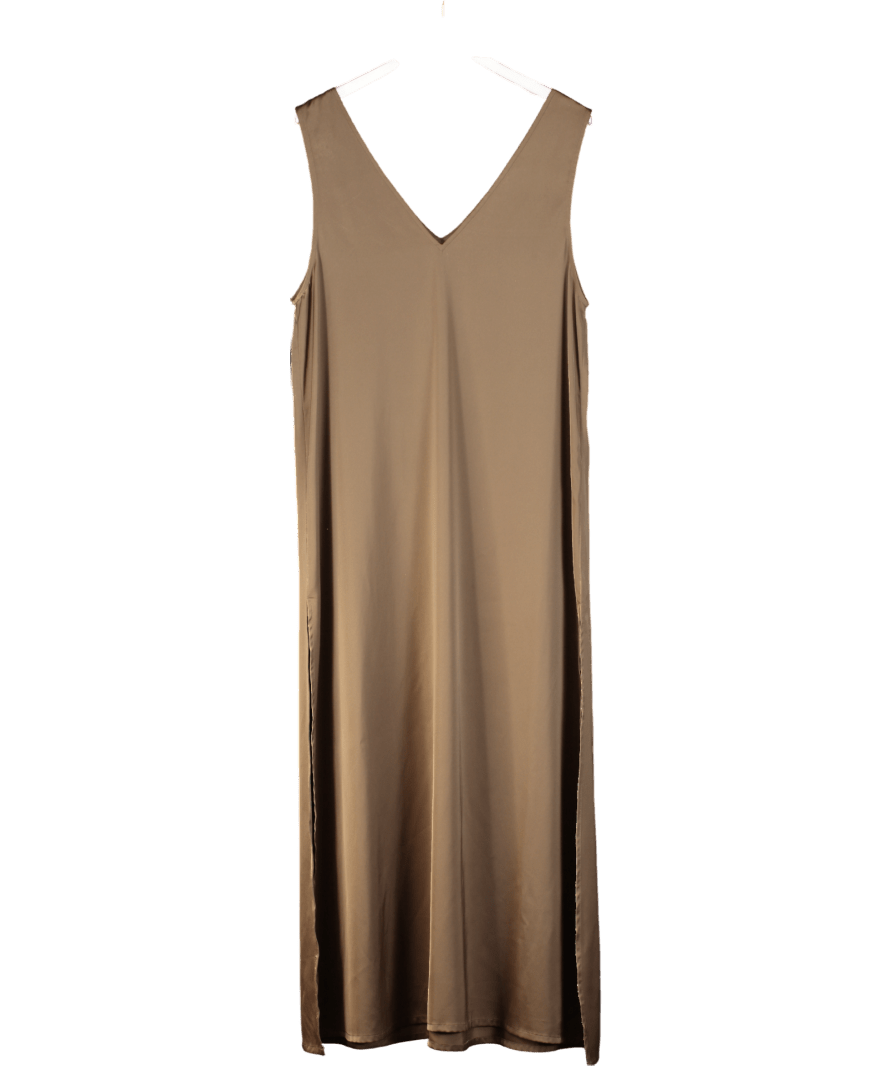 SOLAQUA Brown 100% Italian Silk Midi Tunic Dress With Side Slits Sz2 UK 10 - Reliked