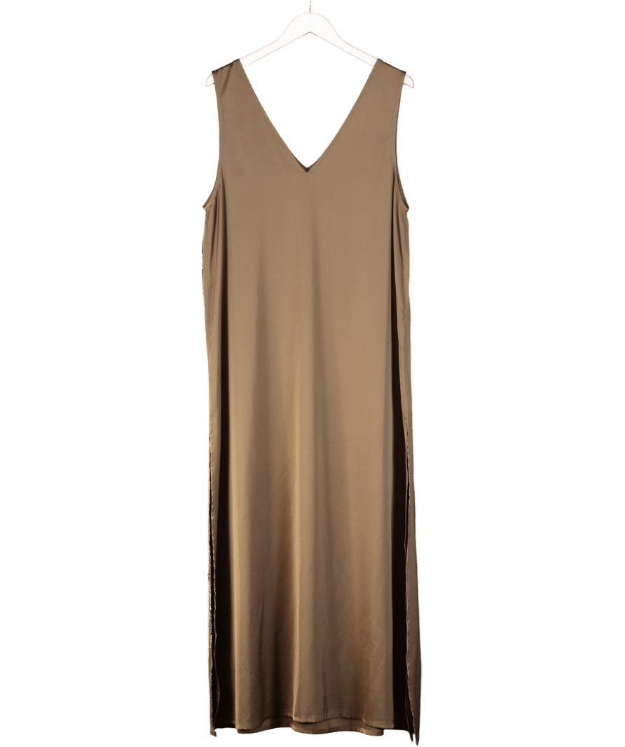SOLAQUA Brown 100% Italian Silk Midi Tunic Dress With Side Slits Sz2 UK 10 - Reliked
