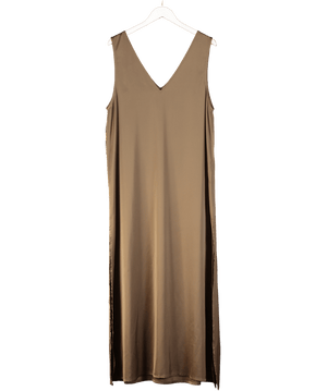 SOLAQUA Brown 100% Italian Silk Midi Tunic Dress With Side Slits Sz2 UK 10