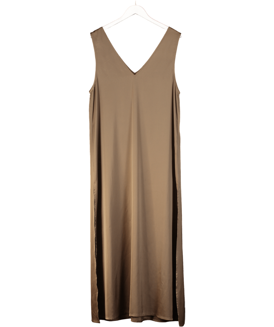 SOLAQUA Brown 100% Italian Silk Midi Tunic Dress With Side Slits Sz2 UK 10 - Reliked